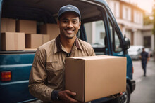 Delivery Man Holding, Delivering Parcel, Cardboard Box To The Customer, Mixed Race Courier Delivers Parcel To Your Doorsteps, Smiling, Staying By His Van.