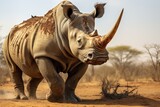Fototapeta  - A black rhinoceros on the grasslands of the savannah . Endangered animals