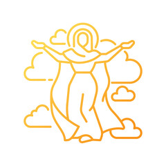 Ascended virgin mary gradient linear vector icon. Assumption of Mary to heaven. Immaculate mother of God. Thin line color symbol. Modern style pictogram. Vector isolated outline drawing