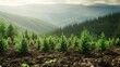 Engage in the noble act of planting new conifer trees on a mountain, enriching the landscape. Ai Generated.