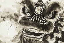 Lion Dance With Chinese Ink Painting In Black And White. 