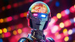 A robot with a disco ball head reflecting colorful cyborg