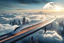 High Speed Trains Passing Through Cloud Cities In The Future.