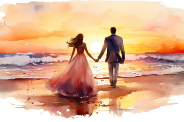 Wall Mural - 
Watercolor illustration of a couple holding hands, their silhouettes against a sunset on the beach