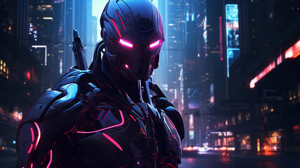 Wall Mural - neon it robot in a cyberpunk style with glowing line