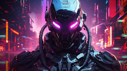 Wall Mural - neon it robot in a cyberpunk style with glowing line design