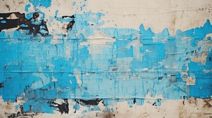 Torn black and azure blue posters glued on billboard with old dirty peeling paper. Abstract and creative background of ripped magazine paper.