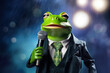 Frog as a weather reporter, holding a microphone with a weather map in the background