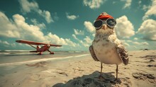 Seagull Dressed As Sailor, The Seagull Sports A Retro Aviator Hat And Goggles, Standing On A Sandy Beach With A Vintage Propeller Plane In The Background, 