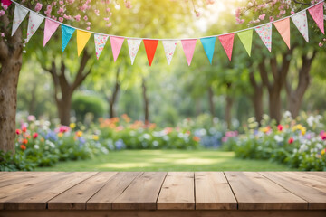 Wooden tabletop with colorful hanging flags and blurred green garden background