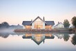 reflective photo of cottage in nearby lake at dawn