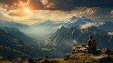 Fototapeta Natura - Traveler man relaxing alone on rocky mountain summit over clouds Travel Lifestyle success concept adventure active vacations outdoor top view