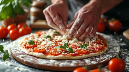 Wall Mural - Pizza topping arrangement, with close-ups of hands placing ingredients strategically, creating an appealing and balanced composition.