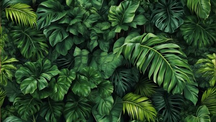  Seamless pattern with tropical green palm, colocasia, banana leaves.