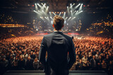 Fototapeta  - Motivational male speaker standing on stage in front of audience on business event.