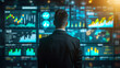 © Keitma - Back of a businessman in front of professional key performance indicator KPI metrics dashboard with screens and charts for sales and business results evaluation and KPI review