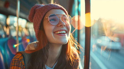 Portrait of a happy young student woman traveling by bus to go to college or work , taking public transportation to reduce air pollution