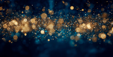 Dark blue gradient background with stars and circles in gold color in bokeh effect.Glitter luxury gold. The background for the holiday.	