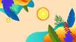 Colorful colourful vector abstract summer background with tropical leaves and beach vibes. Summer background with beach, flower, floral, coconut, leaf, and sun