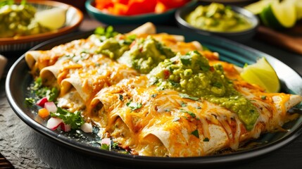 Canvas Print - Green enchiladas Mexican food with guacamole. Best Mexican food. food photography