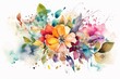 Colorful floral artwork with isolated abstract watercolor flowers, petals, and leaves on a white background. Generative AI