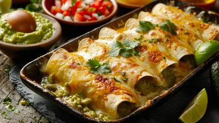 Wall Mural - Green enchiladas Mexican food with guacamole. Best Mexican food. food photography