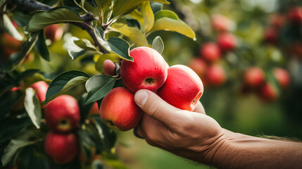 hands touching and inspect the quality of red apple branch full of apples before plucking the harves
