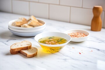 Poster - bread slices next to bowl of soup on a marble countertop