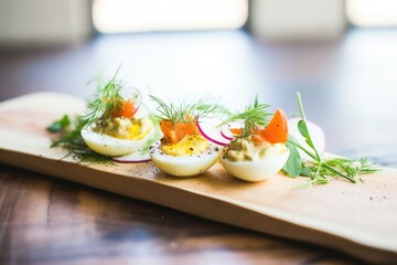 Poster - deviled eggs in an egg carton for a rustic look