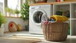 Basket with clothes in laundry room with washing machine on background