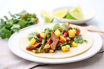 Poster - spicy pork fajitas with pineapple and cilantro on a white plate