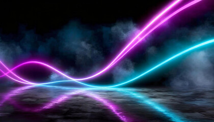  Abstract panoramic background of curvy dynamic neon lines glowing in the dark room with floor reflection. Virtual fluorescent ribbon