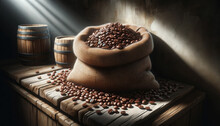 Illustration Of Coffee Beans In A Burlap Sack, Set On An Old Wooden Counter