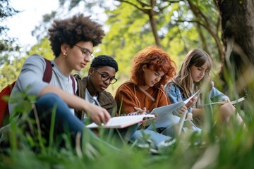 Wall Mural - Generation Z students studying together outdoors after school. 