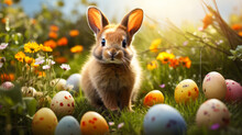 Easter Delight: Charming Rabbit Among Colorful Eggs In A Lush Spring Meadow Bathed In Golden Light