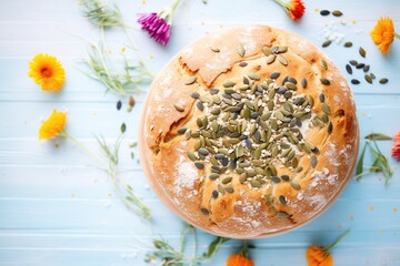 Wall Mural - top view of a round sourdough loaf with seeds