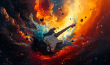 Fototapeta Kosmos - Explosive Cosmic Symphony with a Guitar Emerging from Vivid Celestial Elements, Symbolizing the Fusion of Music and the Universe