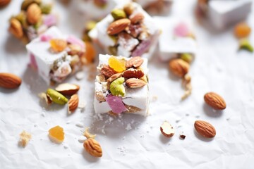 Poster - turkish delight pieces with walnut filling, close-up, on parchment paper