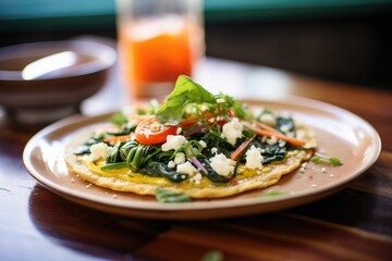 Wall Mural - open-face veggie omelette with feta and spinach leaves on top