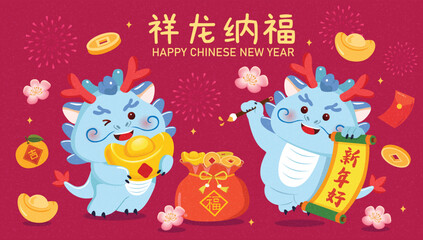 Wall Mural - Chinese New Year 2024 vector illustration with cute dragons. Year of the dragon. Translation: Lucky medicine brings good fortune.