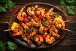  a plate of grilled shrimp and pineapple skewers with cilantro and lime garnishes.