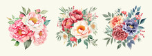 Watercolor Floral Spring Bouquets Set. Hand Drawn Vector Illustration.