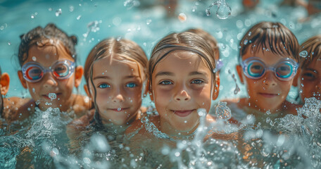 children playing the pool with goggles summer concept