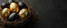 Elegant Golden And Black Easter Eggs In The Basket, On A Black Background With Empty Copy Space