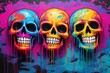  three skulls painted in bright colors on a black background with a splash of paint dripping down the side of them.