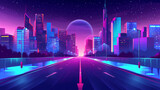 Fototapeta  - Neon light on night city road street cartoon landscape set of illustration.