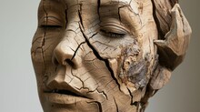 Portrait Of A Woman Carved From Wood. Wooden Sculpture Of A Man With Many Age Cracks In The Wood