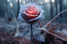  A Close Up Of A Rose With Frost On It's Petals In A Forest With Trees In The Background.
