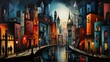  a painting of a city at night with people walking on the street and buildings on the other side of the river.