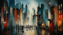  A Painting Of A Group Of People Standing In Front Of A City With Tall Buildings And A Street Light At Night.